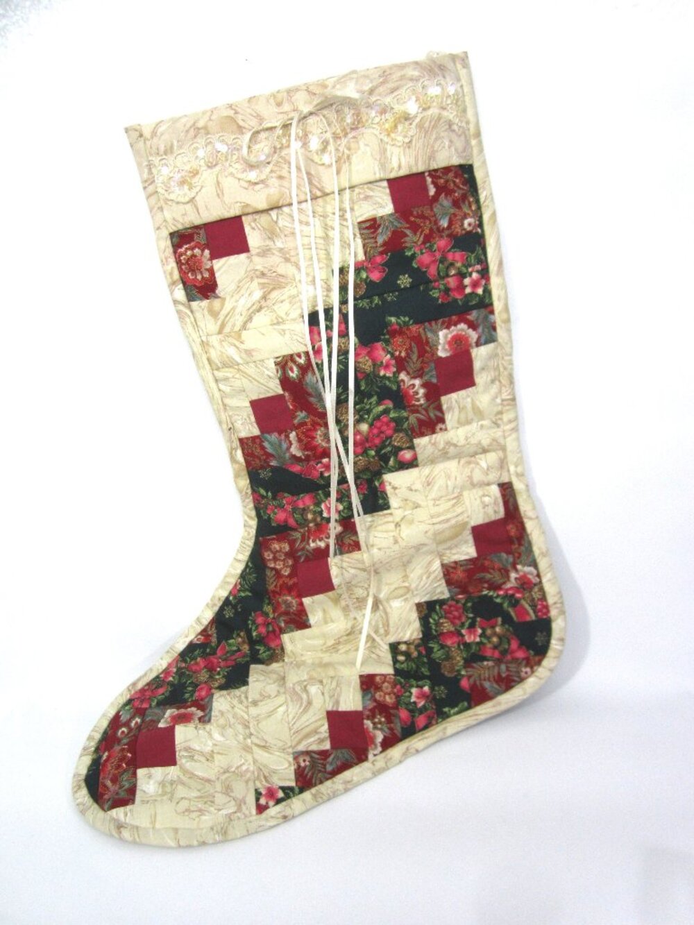 Handmade Quilted Christmas Stocking Large Burgundy Forest Green Beige Floral EUC